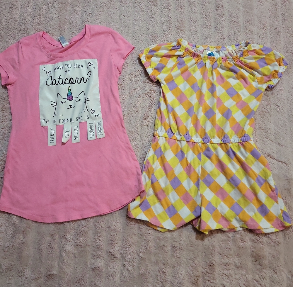 Justice Pink Cat Graphic Tee and Yellow-Purple Checkered Romper